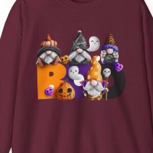 Women’s Maroon Halloween Gnome Boo Sweatshirt Fall Long Sleeve Ghost Witch